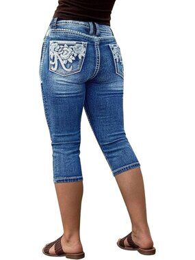High Rise Capri Skinny Jeans with Embroidery for Women - Trendy Summer Style
